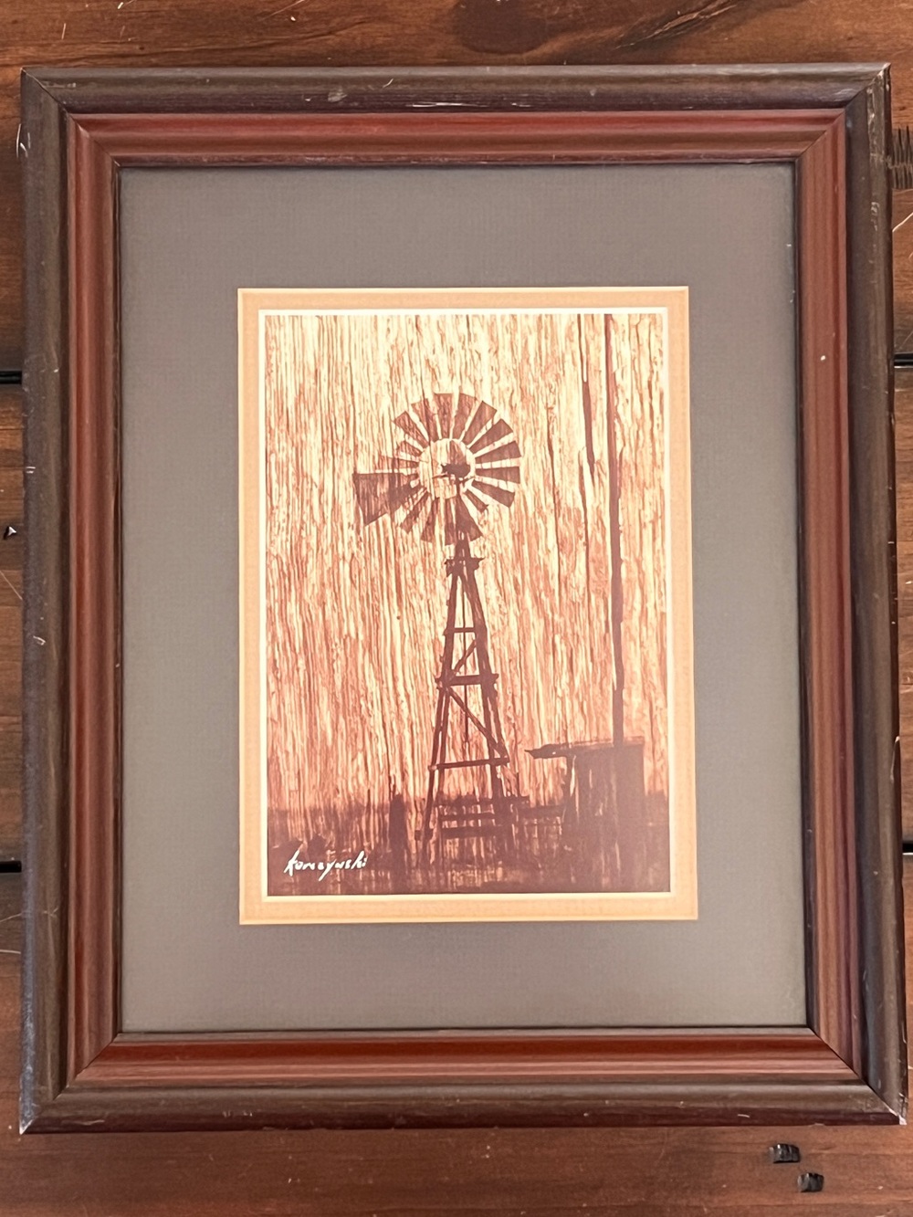 Rustic Windmill Wall Art Print in Sepia with Wood Frame Signed Korzynski Vintage - Picture 2 of 8